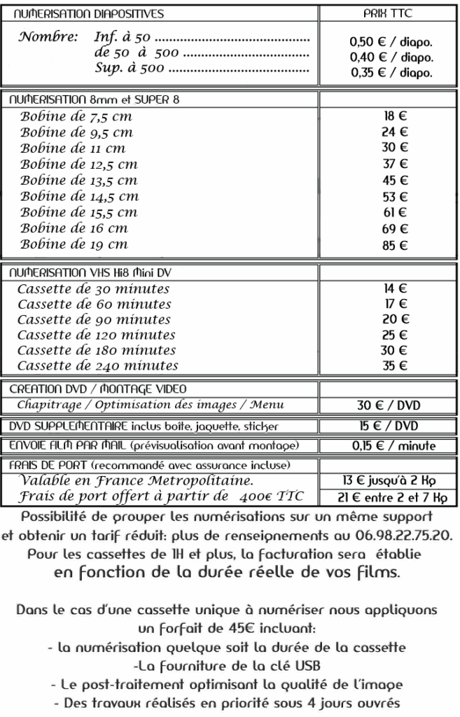 Tarifs numérisation 2025
